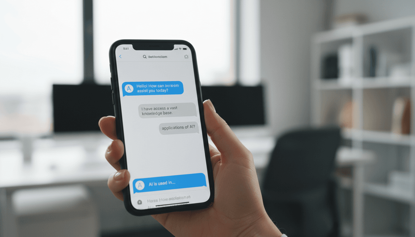 Hand holding a smartphone with an AI chat interface