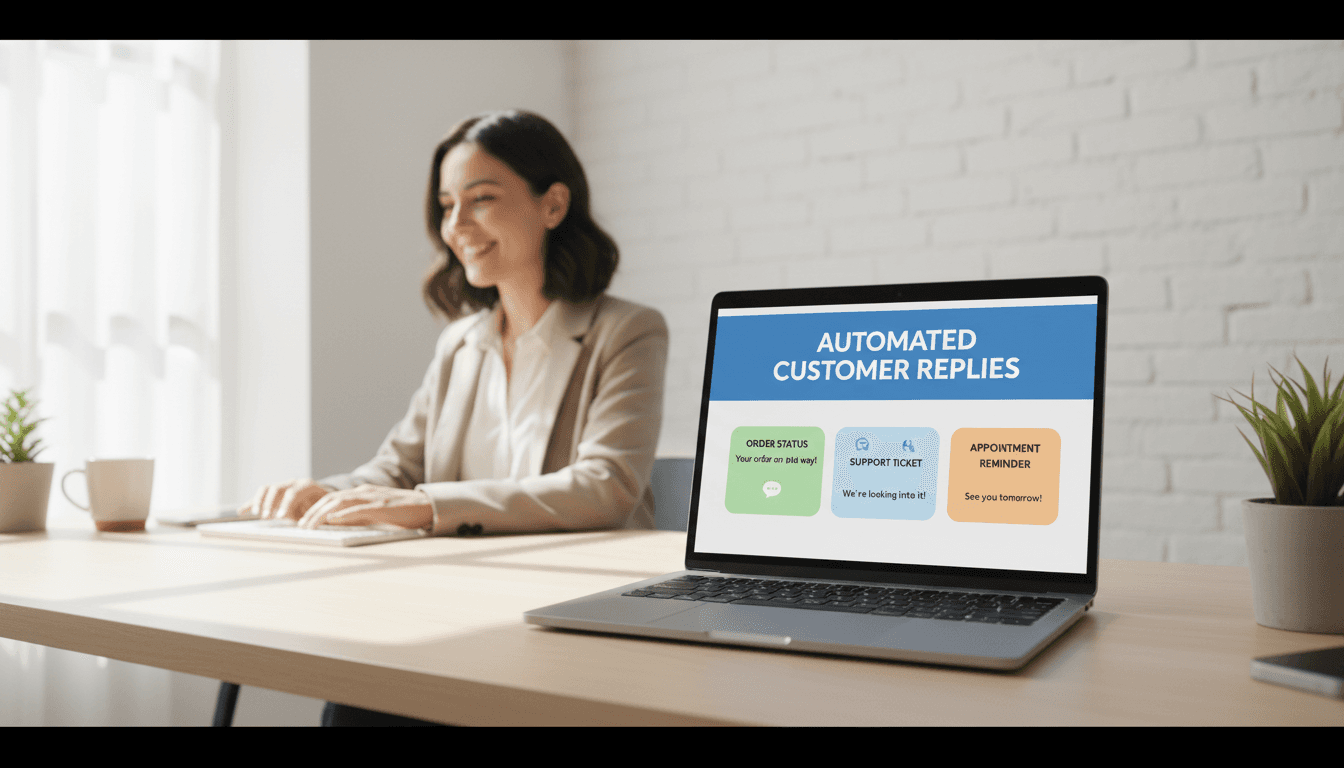 Business owner reviewing automated replies on a laptop in a bright office