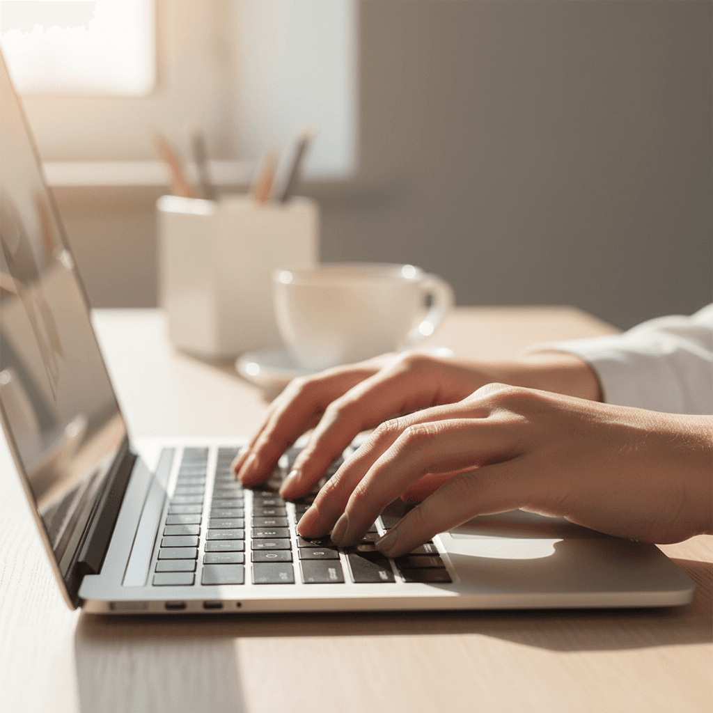 Close-up of hands typing on a laptop with organized message threads on the screen