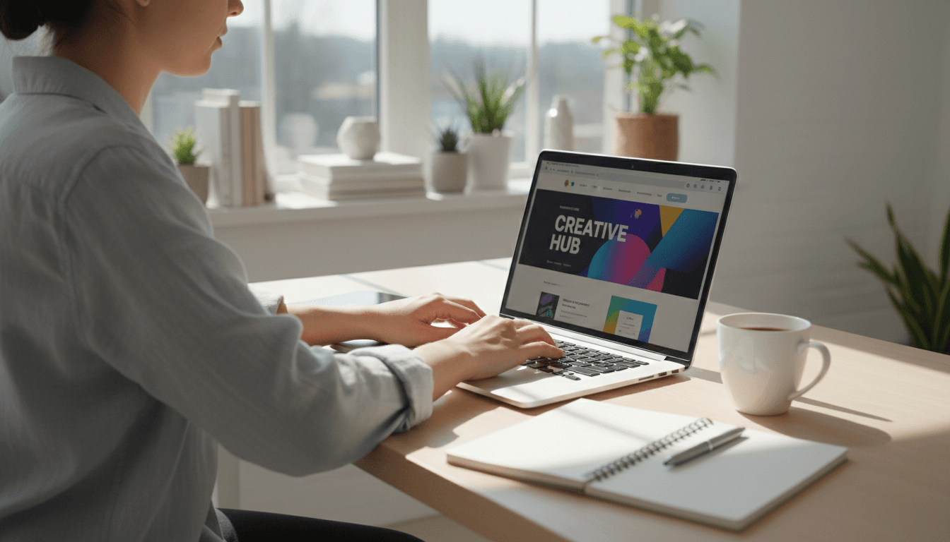 Small business owner working calmly at a tidy desk with a laptop