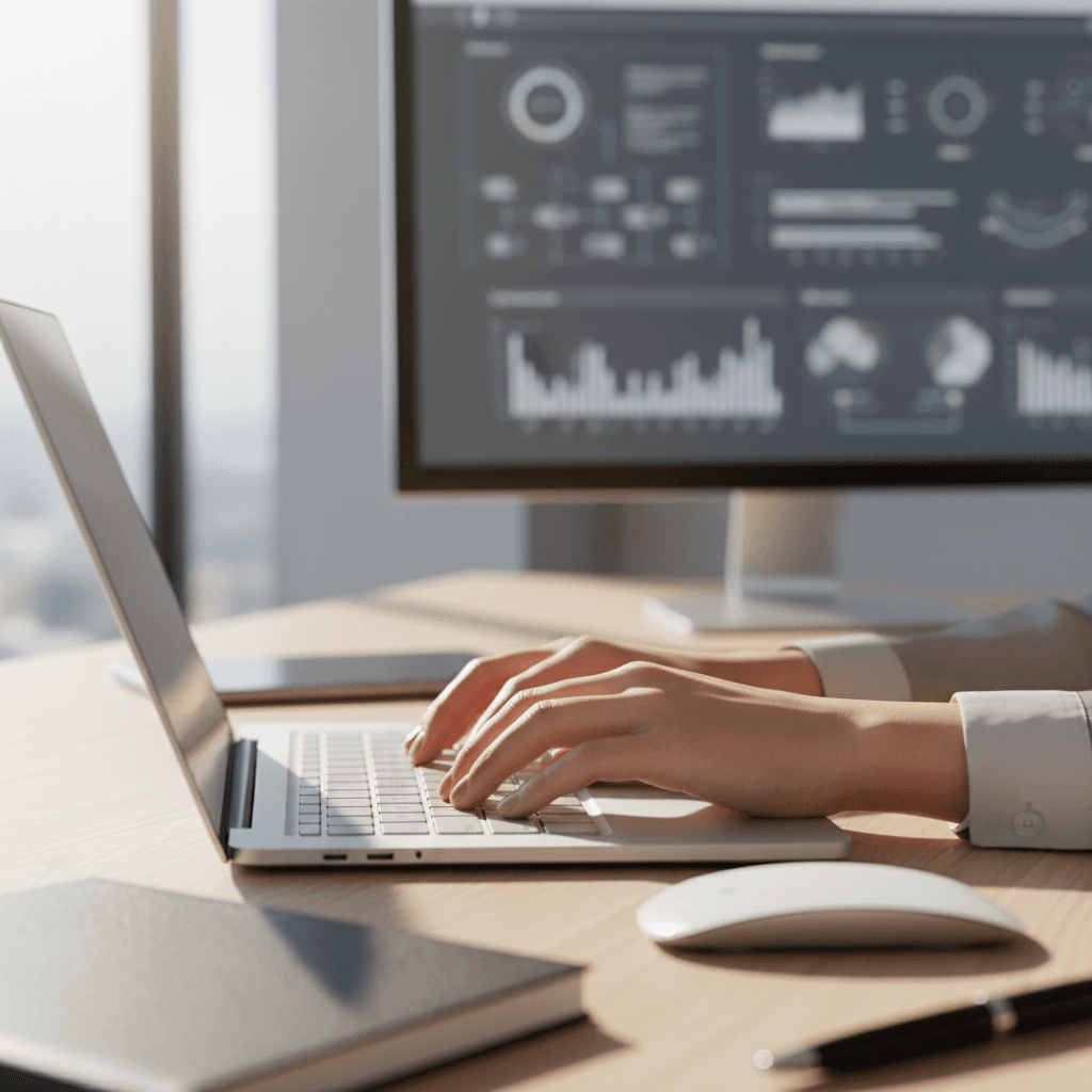 Hands typing on a laptop with a coffee cup on a desk