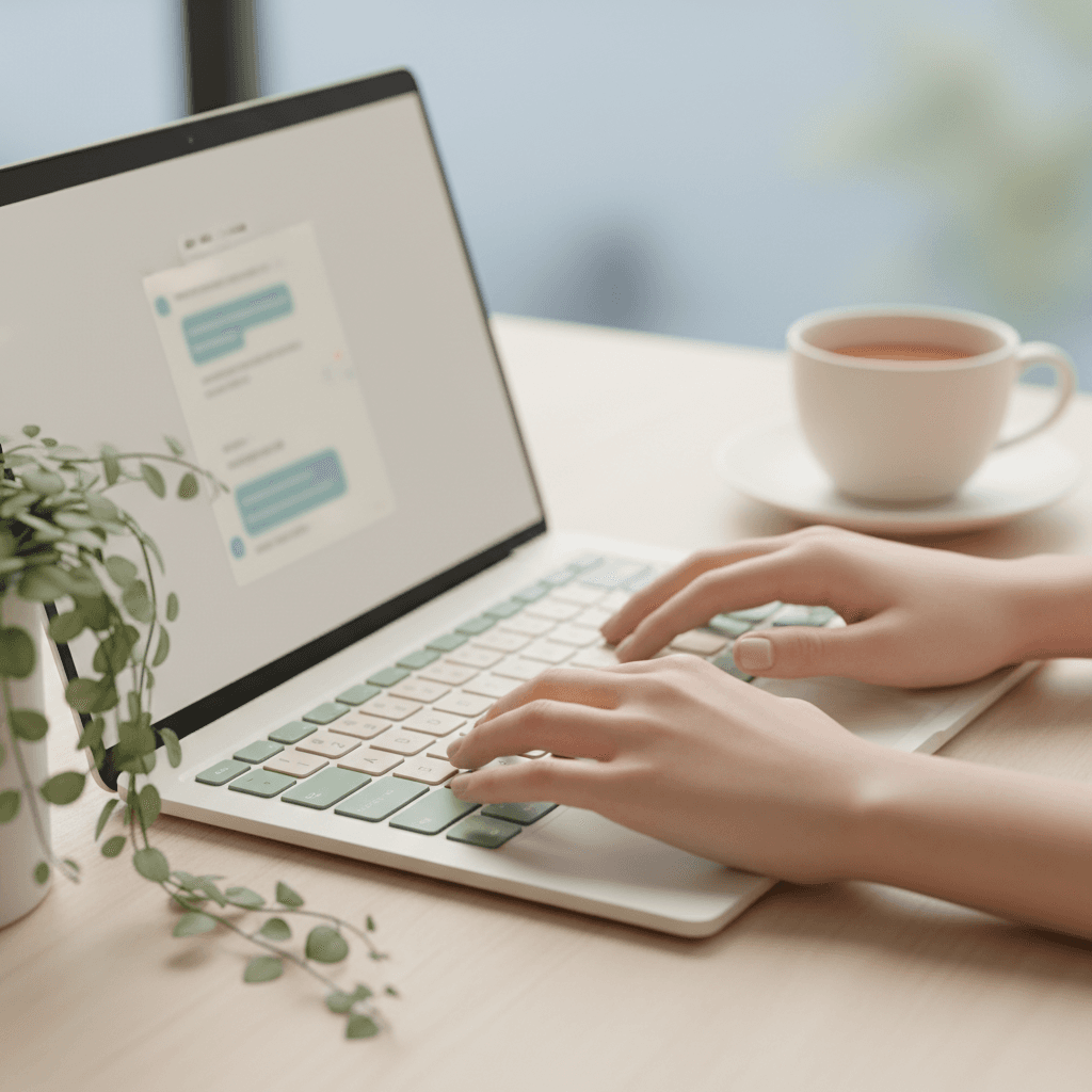 Laptop on a clean desk with a blurred AI chat interface on screen