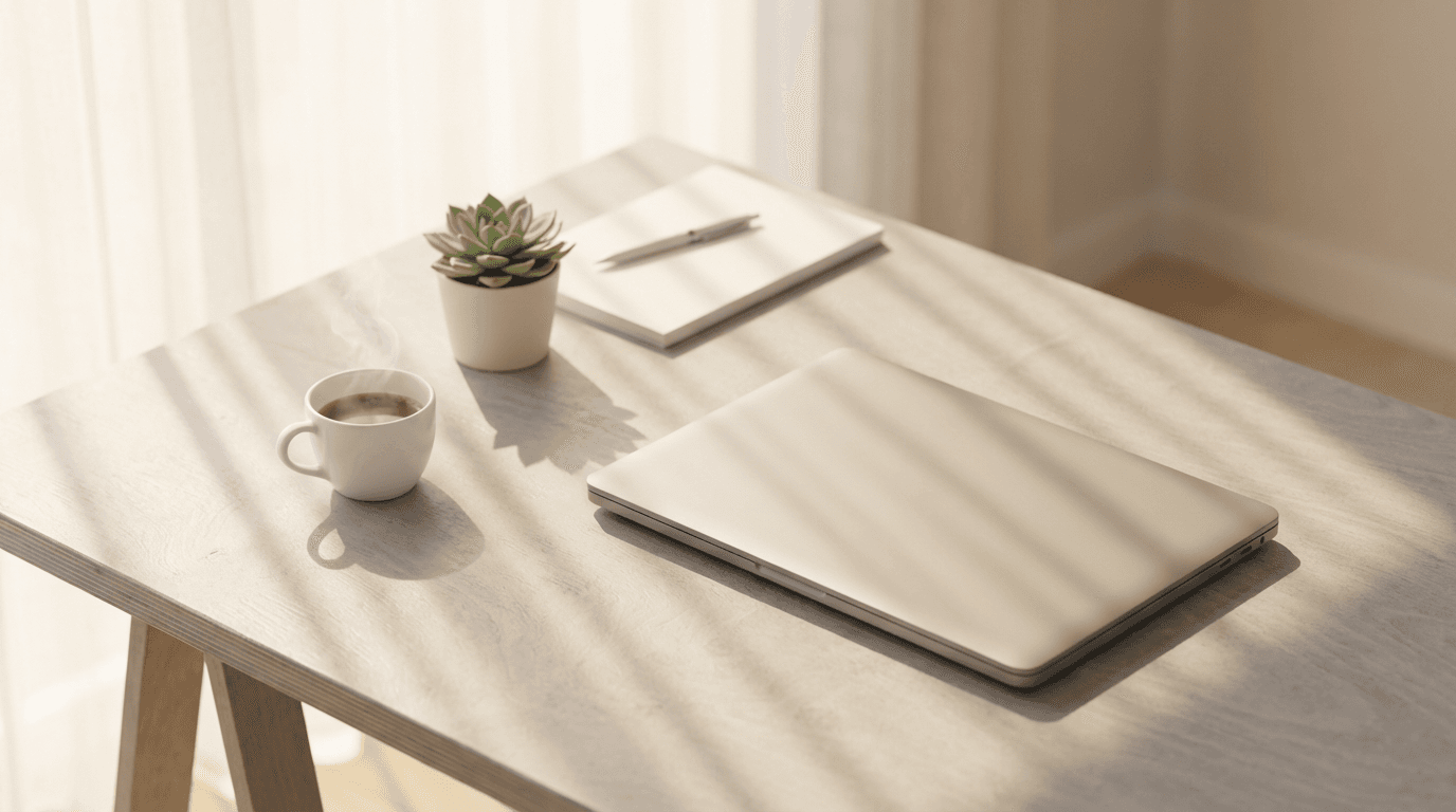 Laptop with AI dashboard interface on a clean modern desk